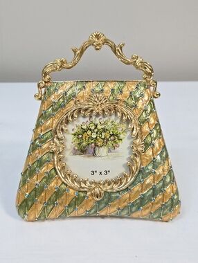 Vintage Gold Metal & Blue Rhinestone Purse Shaped 3" X 3" Photo Frame